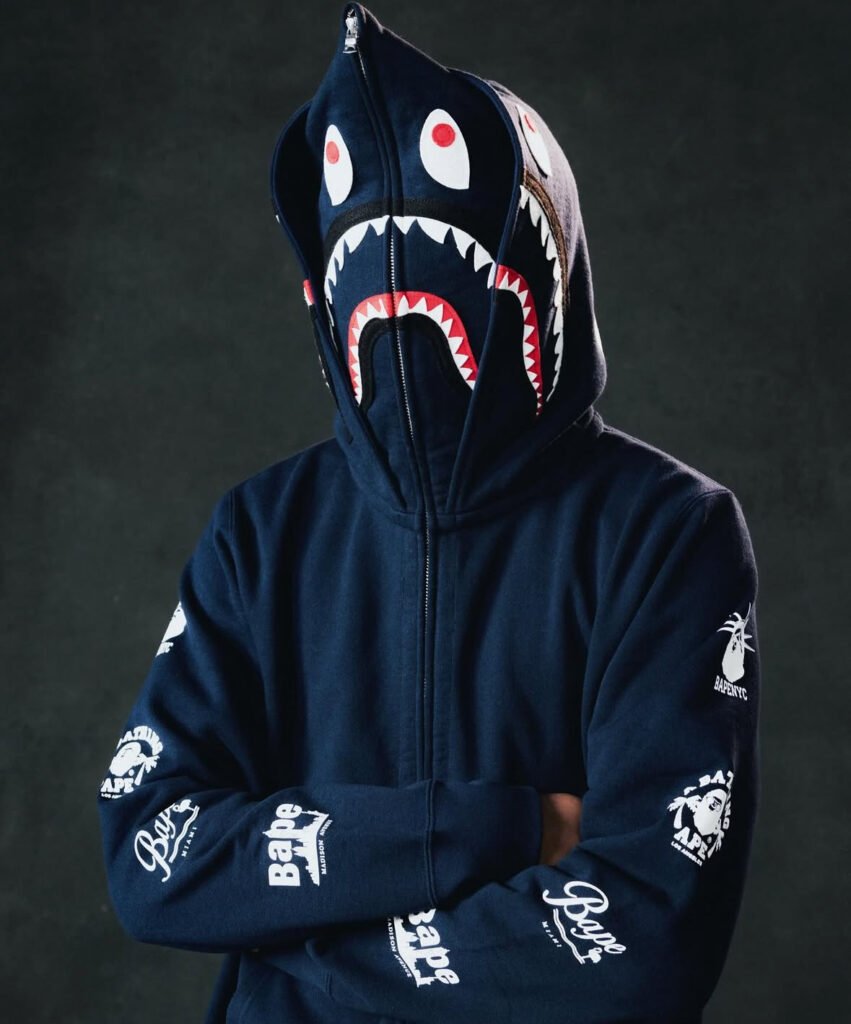 Bape Double Shark Hoodie featuring dual shark graphics on the hood and chest, with vibrant colors and bold embroidery.