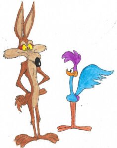 Wile E. Coyote chasing Road Runner in a vibrant desert landscape, celebrating 75 years of their iconic animated rivalry.