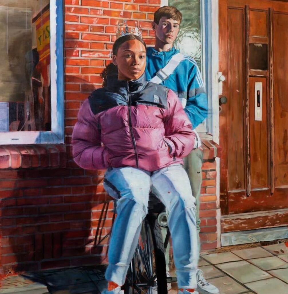 A detailed painting by Kaili Smith depicting vibrant figures in an urban setting, symbolizing mutual growth and shared influence.