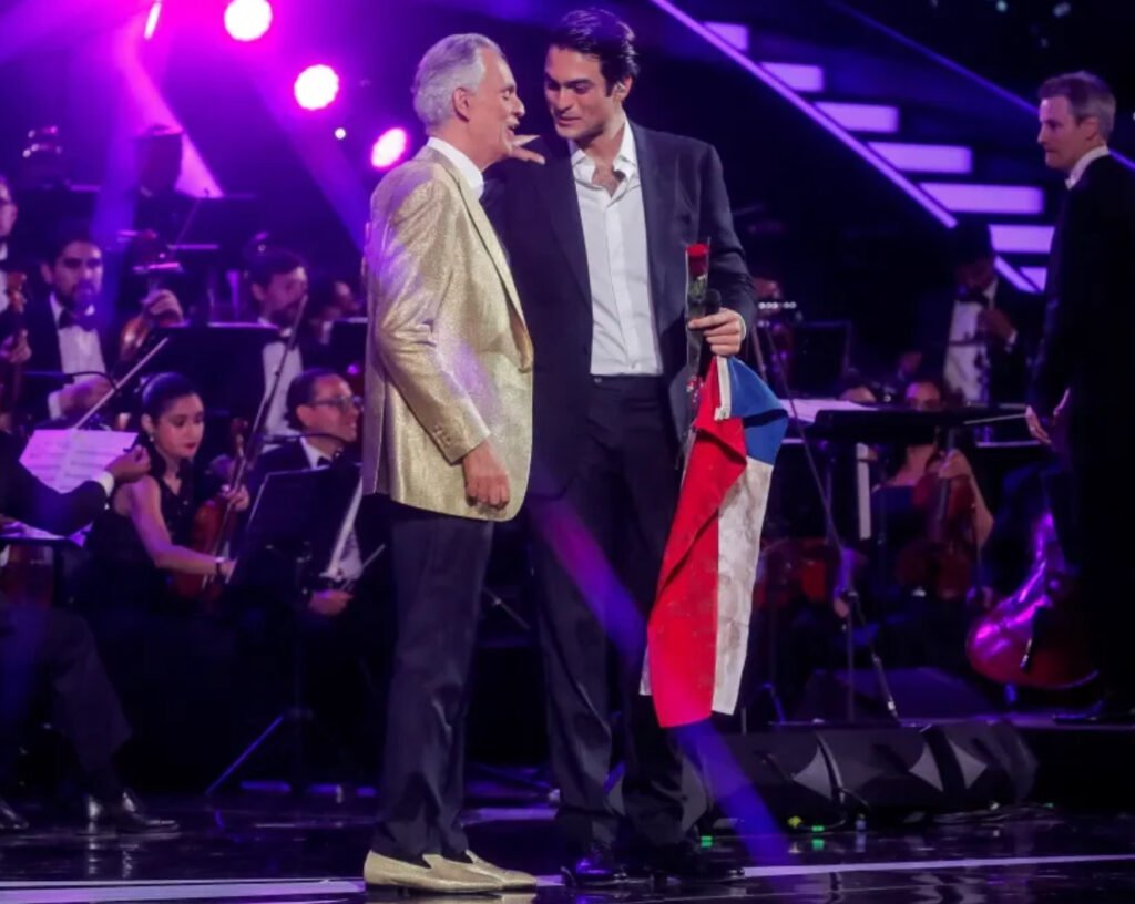 Matteo Bocelli performing on stage, honoring his father Andrea Bocelli’s legacy in a heartfelt musical performance.