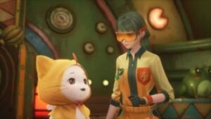 “Infinity Nikki gameplay showcasing a magical open world with Nikki and Momo dressed in vibrant, enchanted outfits.”