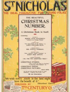 “A beautifully detailed Victorian-era St. Nicholas Christmas Number lithograph showcasing St. Nicholas, cheerful children, and festive holiday elements.”