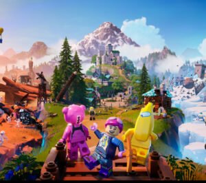 LEGO Fortnite survival crafting mode, featuring vibrant LEGO builds and multiplayer gameplay in procedurally generated worlds