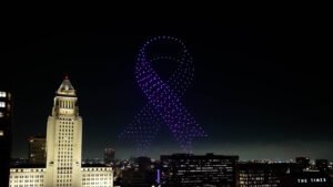 A breathtaking drone light show by Grizzly Entertainment, showcasing intricate patterns and vibrant colors in the night sky