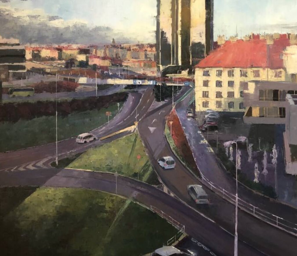A painting by Martina Krupičková titled Corinthia, featuring textured strokes and vibrant hues inspired by Prague’s cityscape