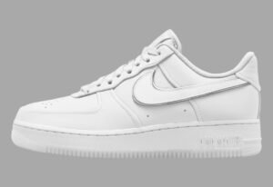 A Ma Maniére x Nike Air Force 1 Low “White” sneaker featuring premium tumbled leather, quilted satin lining, and translucent outsole