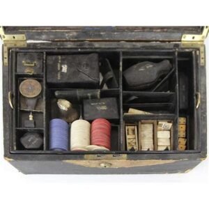 A historic gambling set attributed to John David Borthwick, featuring playing cards, dice, and poker chips from the Gold Rush era