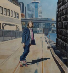 Matthew Carter performing a wharf skateboarding trick in a dynamic oil painting set against the coastal New Zealand backdrop
