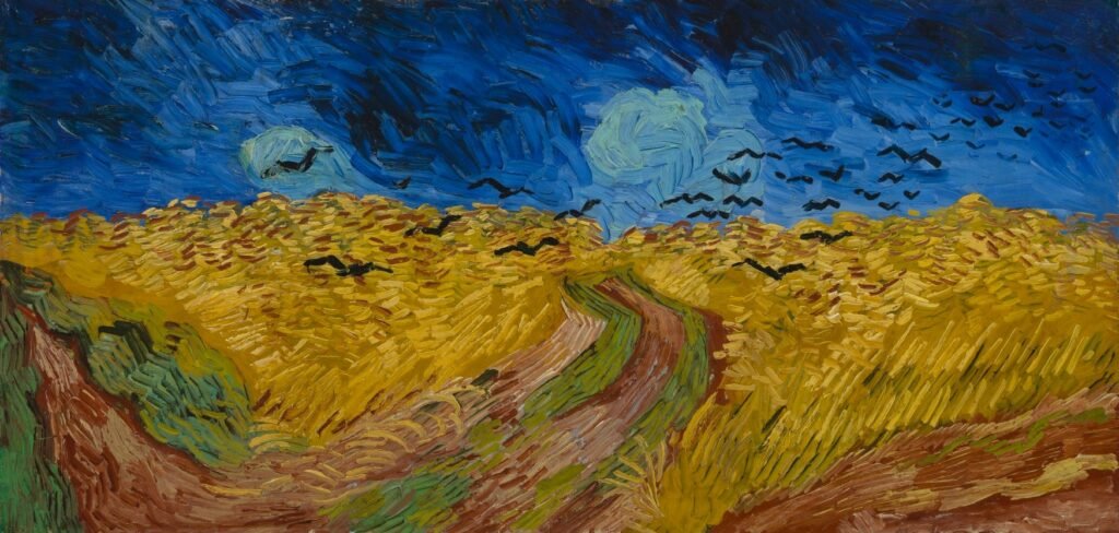 Vincent van Gogh’s Wheatfield with Crows (1890), a vivid painting featuring golden fields, dark skies, and ominous crows