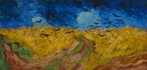 Vincent van Gogh’s Wheatfield with Crows (1890), a vivid painting featuring golden fields, dark skies, and ominous crows
