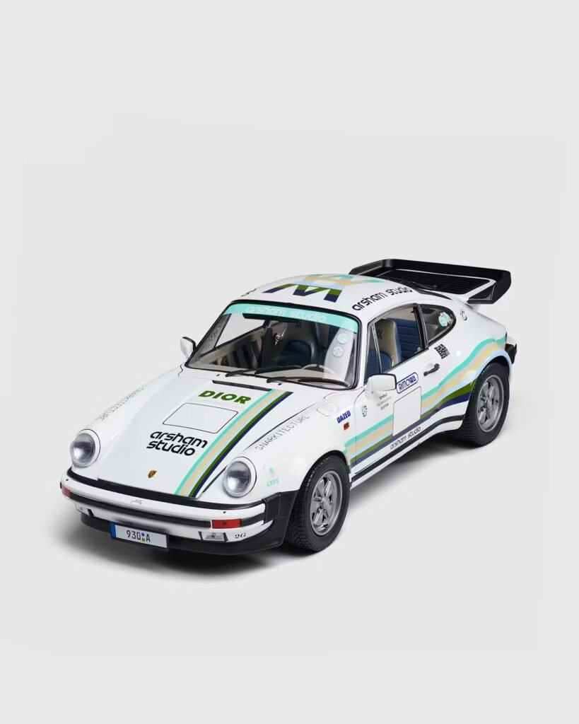 A model of Daniel Arsham’s eroded Porsche 911 Turbo (930A), featuring crystalline details created in connection with Schuco