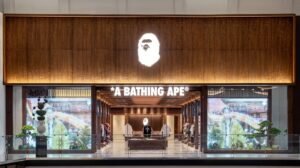 Exterior of the BAPE store at American Dream Mall, featuring Japanese temple-inspired design with modern streetwear elements