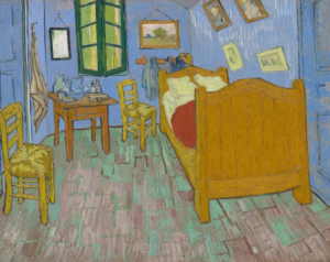 Painting of Vincent van Gogh’s The Bedroom (1889), featuring a simple room with vibrant colors and expressive brushwork