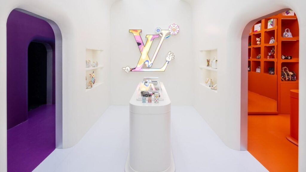 Louis Vuitton’s Takashi Murakami pop-up in Soho, featuring colorful Monogram Multicolore designs and artistic displays