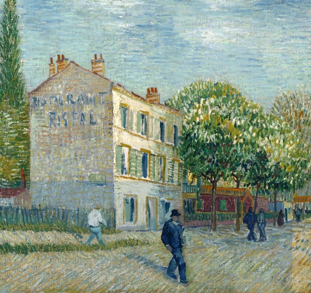 Vincent van Gogh’s Restaurant Rispal at Asnières, depicting a working-class café with vivid colors and textured brushwork