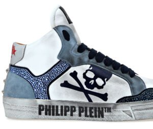 Philipp Plein Strass Retrokickz™ Hi-Top Shoes in white leather with rhinestone embellishments and signature logo
