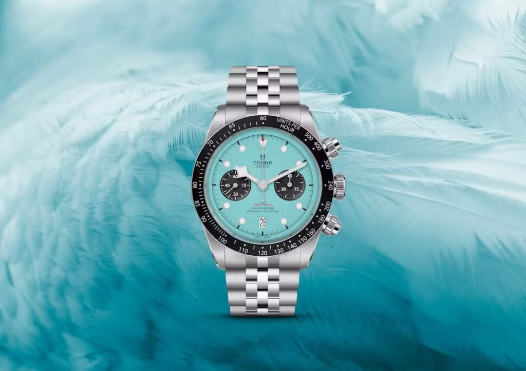 TUDOR Black Bay Chrono “Blue Flamingo” with a striking blue dial, stainless steel case, and a Miami-inspired design