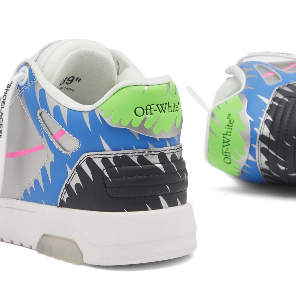 Close-up of Off-White Women’s Blue Off-X Bstroy Out Of Office sneakers featuring bold blue tones and signature branding