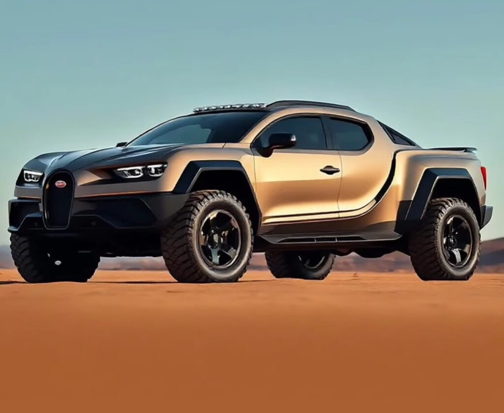 Bugatti off-road concept with elevated ride height, black cladding, off-road lights, and chunky all-terrain tires