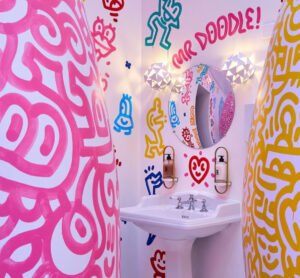 Mr. Doodle’s artwork covering the interiors of Sketch restaurant, featuring intricate black-and-white doodle designs