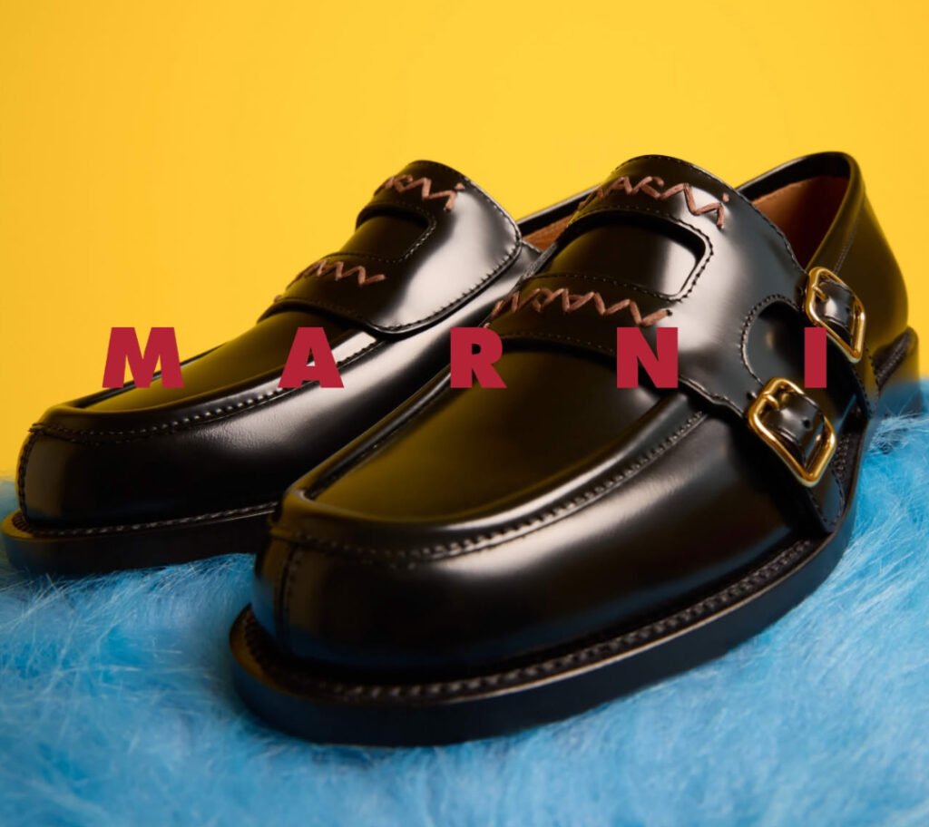 A selection of Marni SS25 collection items, showcasing vibrant bags, artistic shoes, and stylish ready-to-wear pieces