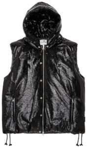 A sleek black Courrèges AC Vinyl Sleeveless Puffer Jacket with a glossy finish, high neck, and modern sleeveless design