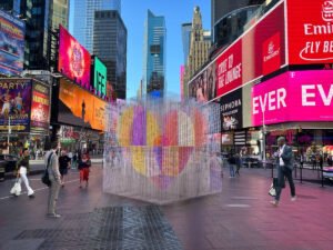 A vibrant heart-shaped sculpture made from recycled oyster cages, glowing under the lights of Times Square