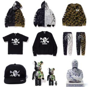 A BAPE x NEIGHBORHOOD varsity jacket featuring co-branded embroidery, camo accents, and military-inspired details