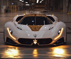 A futuristic Maserati MC40 concept supercar with aerodynamic design, advanced engineering, and a track-focused stance