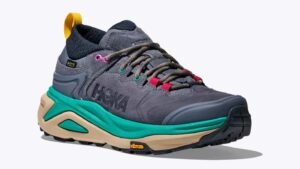 HOKA Kaha 3 GTX hiking shoes, showcasing their durable design, waterproof materials, and rugged outsole for traction