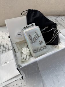 Chanel Iridescent Silver Lait de Coco Bag, a unique milk carton-shaped handbag with shimmering silver finish and quilted details