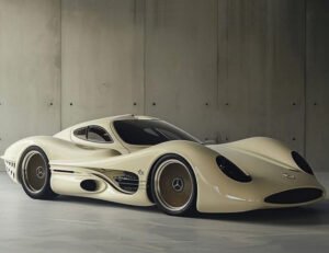 The Mercedes-Benz C111-IV, an aerodynamic concept car with a sleek orange design, built for high-speed performance testing