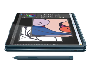 The Lenovo Yoga Book 9i is a dual-screen OLED laptop with Intel Core Ultra 7, 16GB RAM, and a 1TB SSD, perfect for multitasking