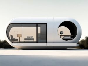 A sleek, white ONCO Capsule House with its sci-fi inspired interior featuring strip lighting and modern panels