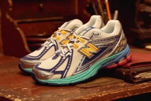 A close-up of the DTLR-exclusive New Balance 1906R, featuring celestial design elements and zodiac-inspired color accents