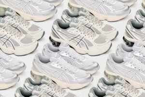 Close-up of the Lapstone & Hammer x ASICS GEL-KINETIC FLUENT, featuring a sleek upper, GEL cushioning, and a refined colorway