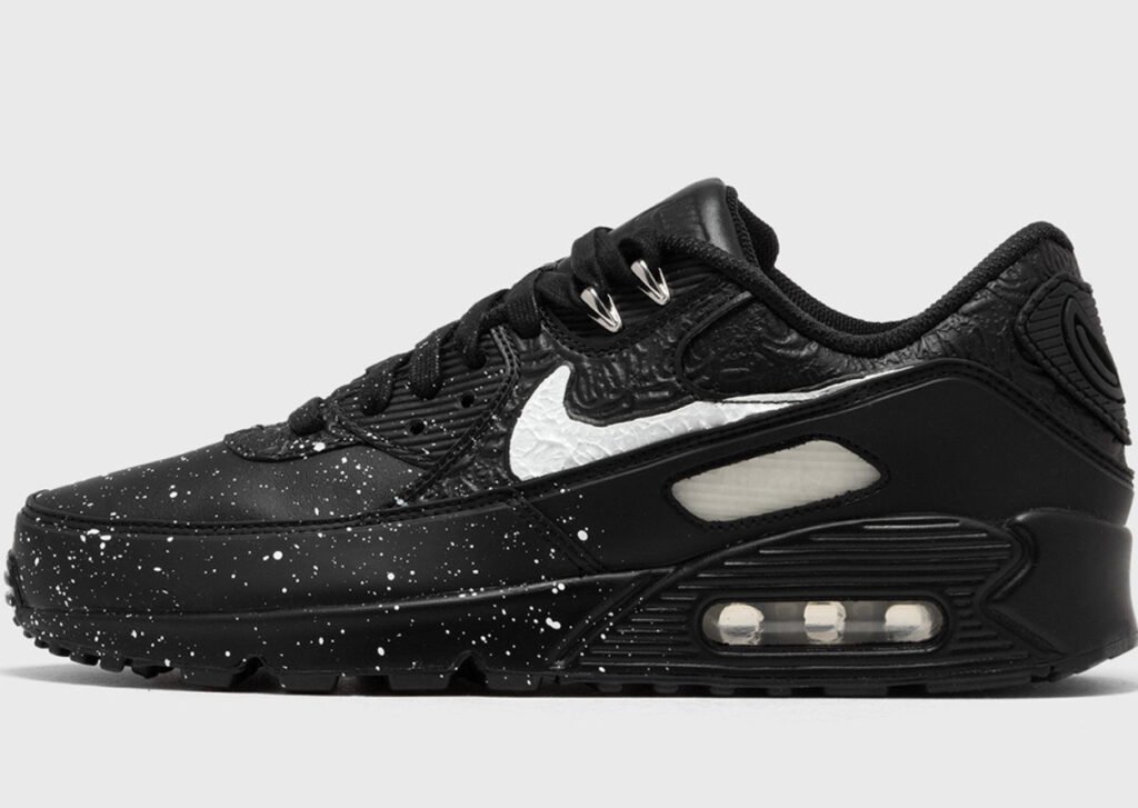 Nike x Slawn Air Max 90 sneakers featuring artistic patterns, metallic accents, and a sleek redesigned mudguard