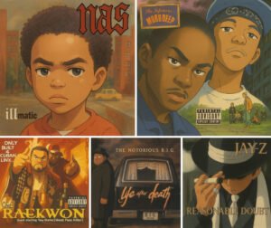 Illustration of a classic NYC hip-hop album cover reinterpreted in the soft, whimsical art style of Studio Ghibli