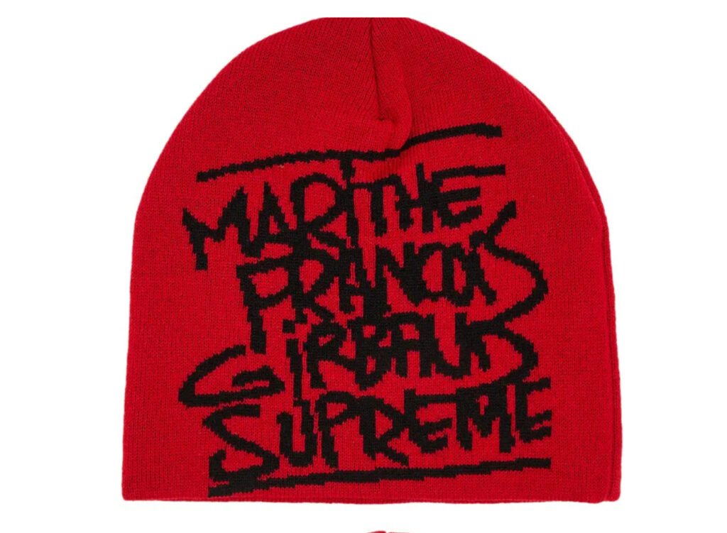 Supreme x Marithé + François Girbaud Red Beanie featuring jacquard logo design and vibrant streetwear styling