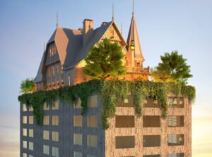 Maison Heler in Metz: A modern nine-story tower topped with a traditional 19th-century Lorraine-style mansion, designed by Philippe Starck