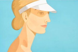 Alex Katz’s 2003 aquatint White Visor, featuring a woman in profile wearing a white visor against a flat blue background