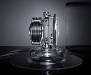The Atmos Infinite Halo clock by Jaeger-LeCoultre, suspended in a crystal cylinder and powered by ambient temperature changes