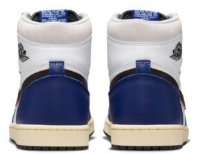 Air Jordan 1 Retro High OG “Rare Air” shoes in Deep Royal Blue, featuring leather overlays and alternate collar branding.