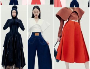 Models wearing A.W.A.K.E. Mode Fall 2025 showcasing sculptural silhouettes, asymmetrical tailoring, and hybrid garment