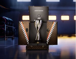 Louis Vuitton trophy trunk for the 2025 Shanghai Grand Prix, featuring red, yellow, and Damier motifs in Monogram canvas