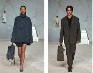 Model walking at COS Spring/Summer 2025 runway show in Dionyssomarble Quarry, surrounded by white marble cliffs