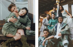 Model wearing Les Benjamins SS25 look on Paris runway, surrounded by road sign set design inspired by long-distance travel