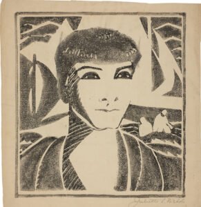 Juliette Nichols’ woodcut Portrait with Sails and Two Fishermen, showing coastal figures and sails in bold black ink lines