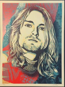 Shepard Fairey’s Kurt Cobain Endless Nameless silkscreen print in gold metallic ink, featuring Cobain’s iconic portrait