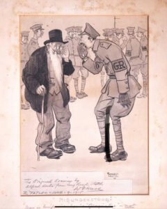 Black and white political cartoon by Ernest Howard Shepard showing ranked soldiers as numbered figures for satirical effect